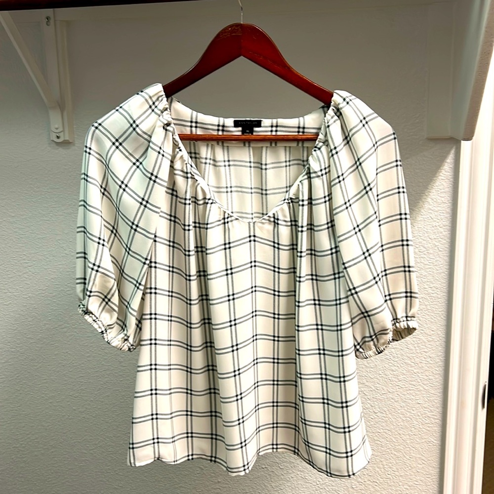Ann Taylor Ivory and Black Plaid Puff Sleeve Blouse